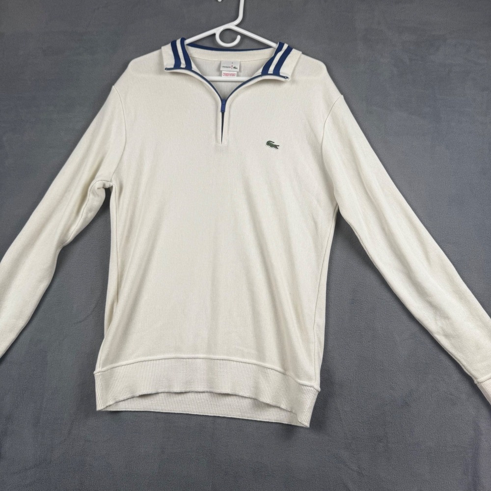 Lacoste Mens Quarter Zip Pullover Sweater Cream White Navy Stripe Size 5 L